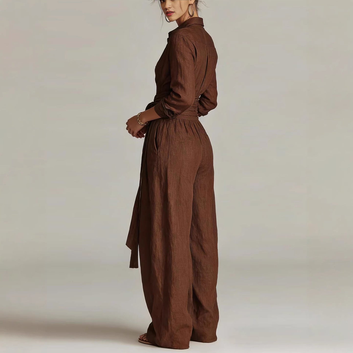 Solid color collar top high waisted pants two-piece set 