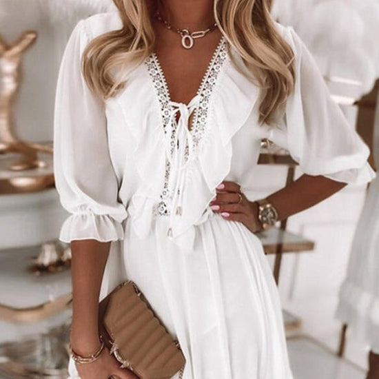 V-neck Spliced Chiffon Loose Casual Dress 