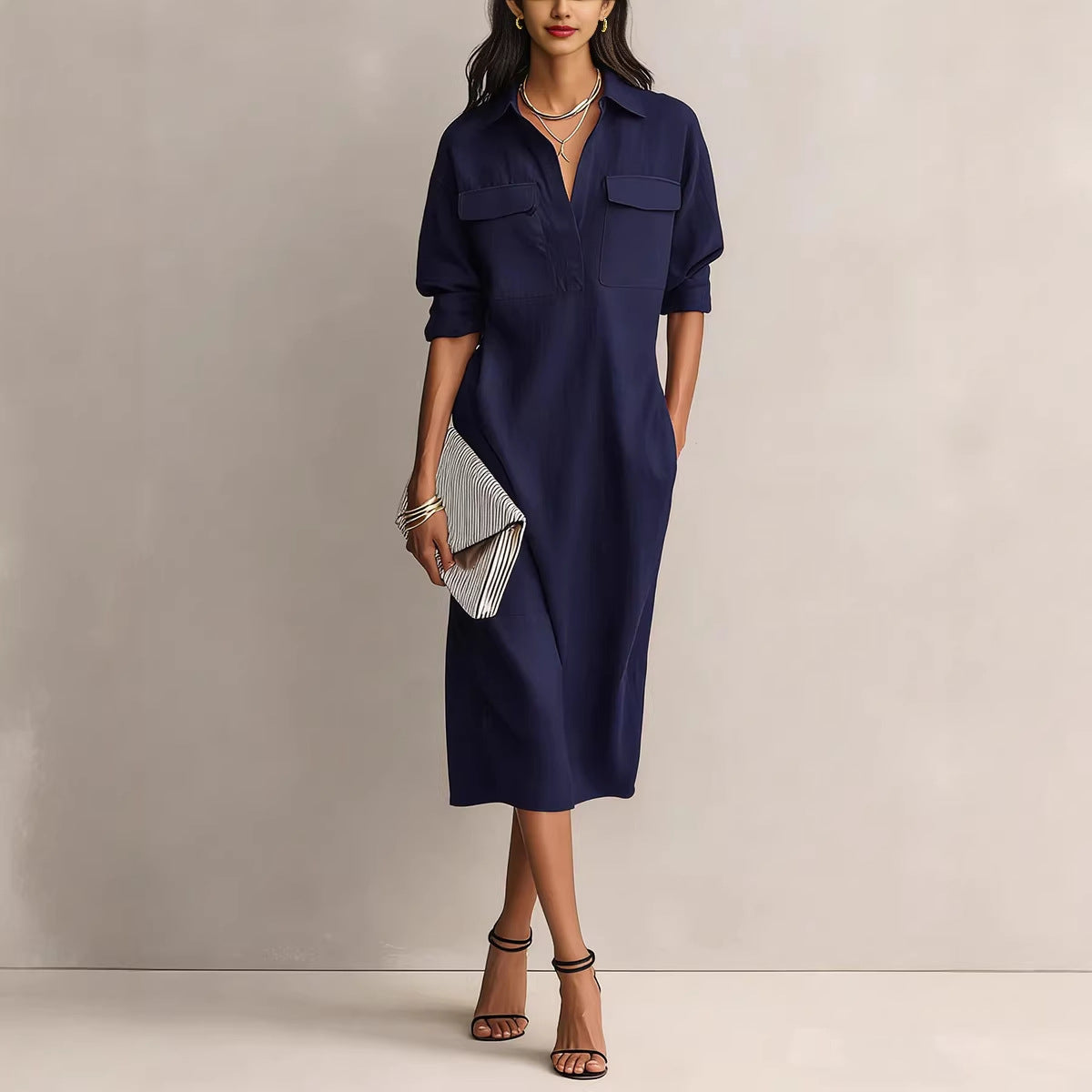 Elegant and Sophisticated Office Casual Fashion Fitted Comfortable Solid Color Mid-Length Dress 