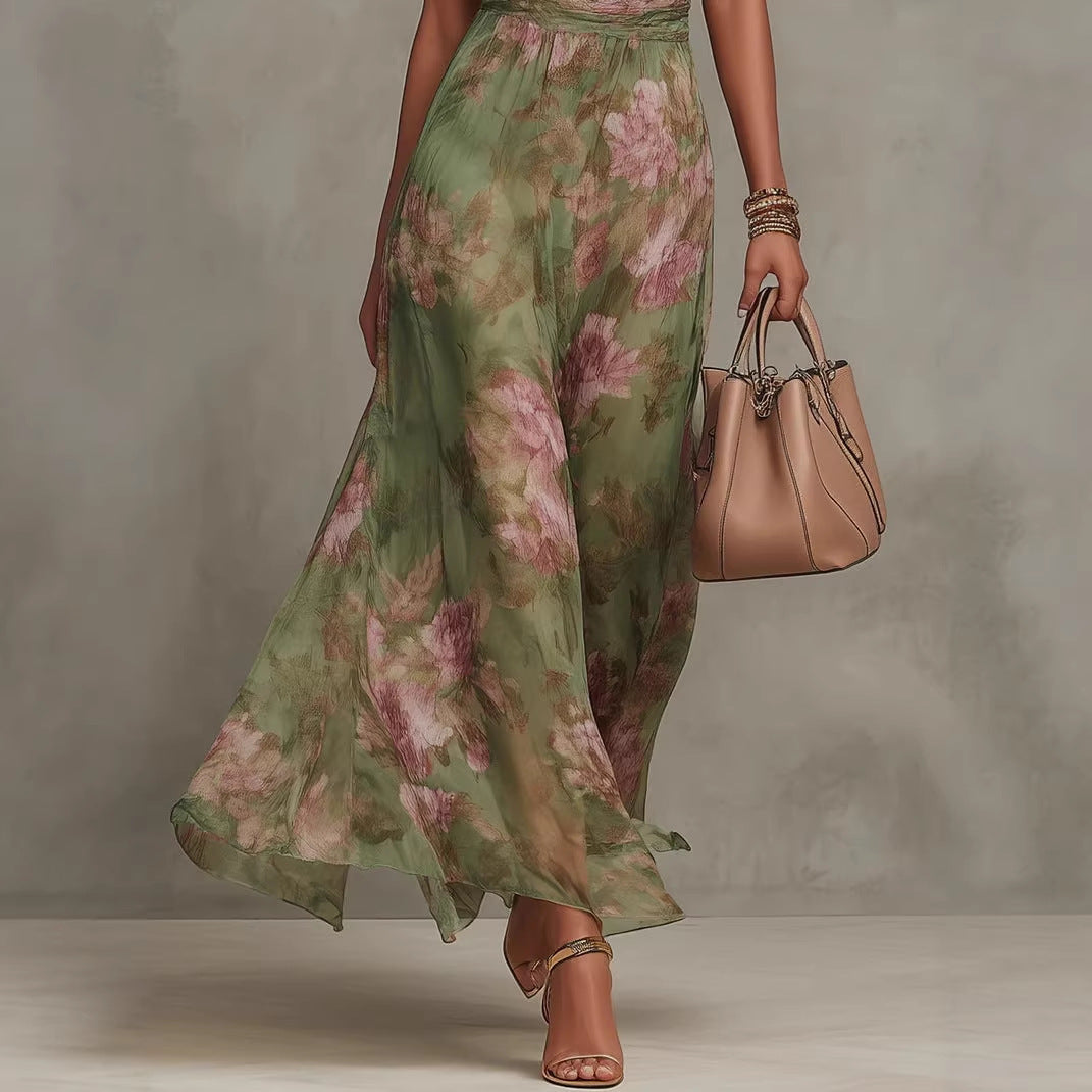 Wrinkled hip bag mesh printed irregular slit letter suspender dress 