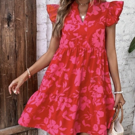 Ladies' Elegant Large Hem A-line Floral Print Small Fly Sleeves Pleated Vacation Style Dress CJ