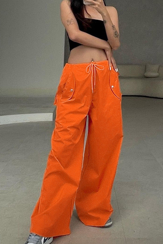Solid-color Lace-up Loose-fitting Straight-leg Work Pants 