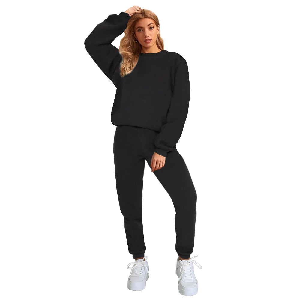 👚 Women's Solid Color Round Neck Pullover Sweatshirt & Pants Set FitiqueFit