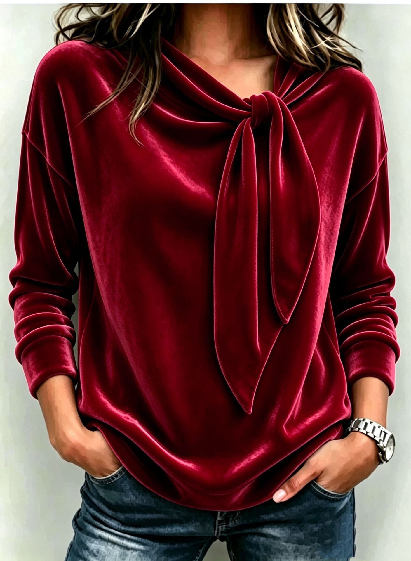 Solid color long sleeved bow top 