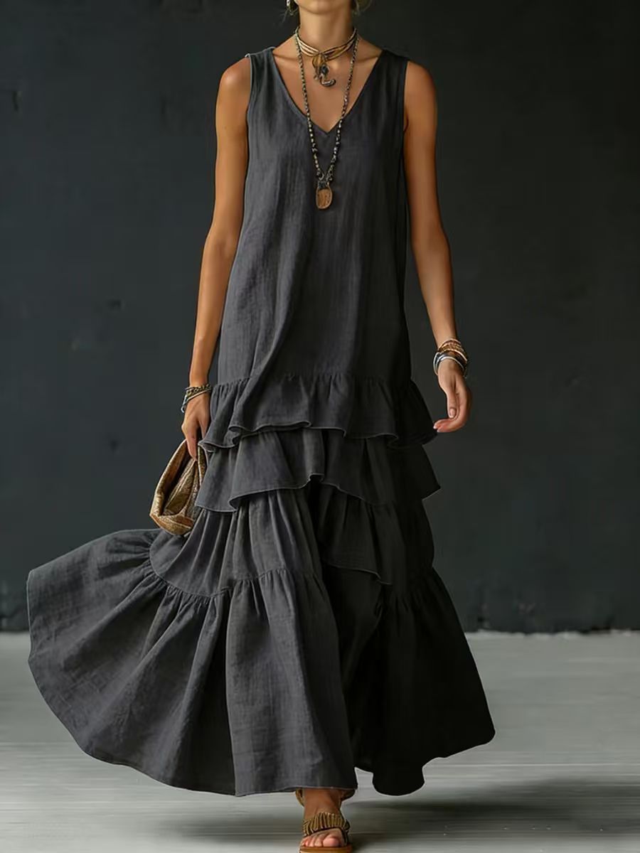 Solid-color Womens Loose-fitting Full-skirted Sleeveless Dress 