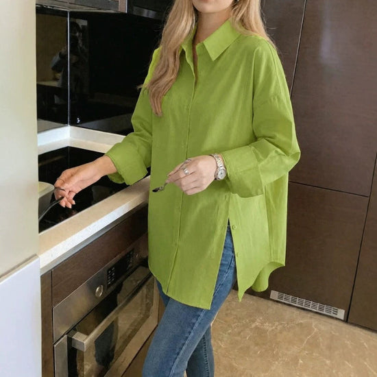 New women's solid color long sleeved shirt with button side slit 