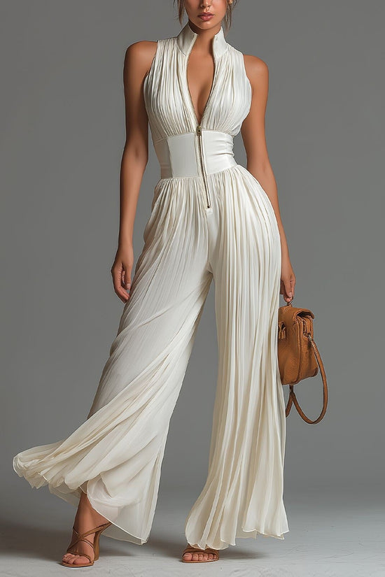 White Pleated Strap Neck Jumpsuit for Women, Long Wide Leg Fashion Sexy Folded Design 