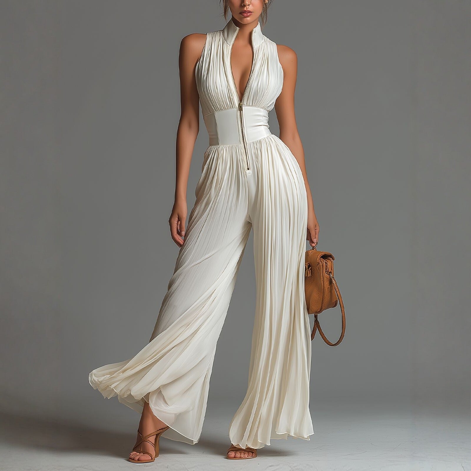 White Pleated Strap Neck Jumpsuit for Women, Long Wide Leg Fashion Sexy Folded Design 