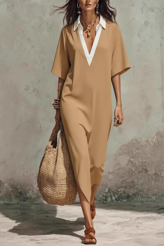 Cross-Border Casual Lazy-Style V-Neck Loose Cropped-Sleeve Dress Linen Texture Relaxed Vacation-Ready 