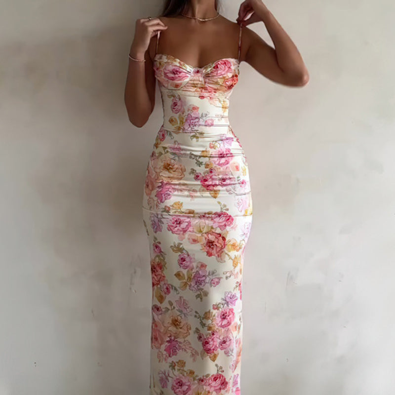 Women's Floral Bodycon Maxi Dress - Sexy Spaghetti Strap Vacation Dress 