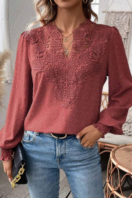 Swiss Dot Lace Detail Notched Long Sleeve Blouse 