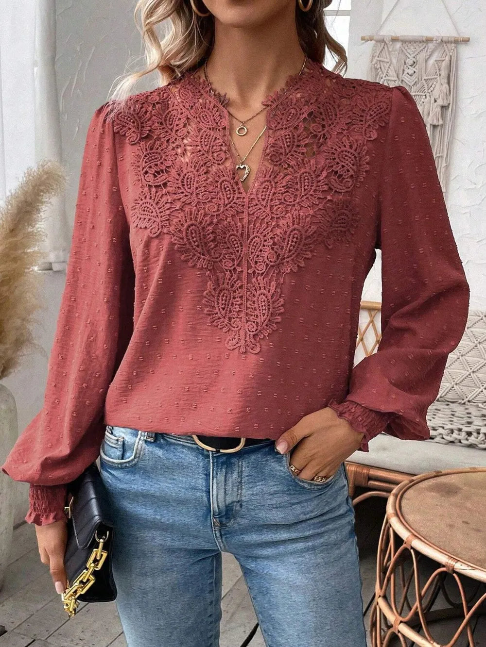 Swiss Dot Lace Detail Notched Long Sleeve Blouse 