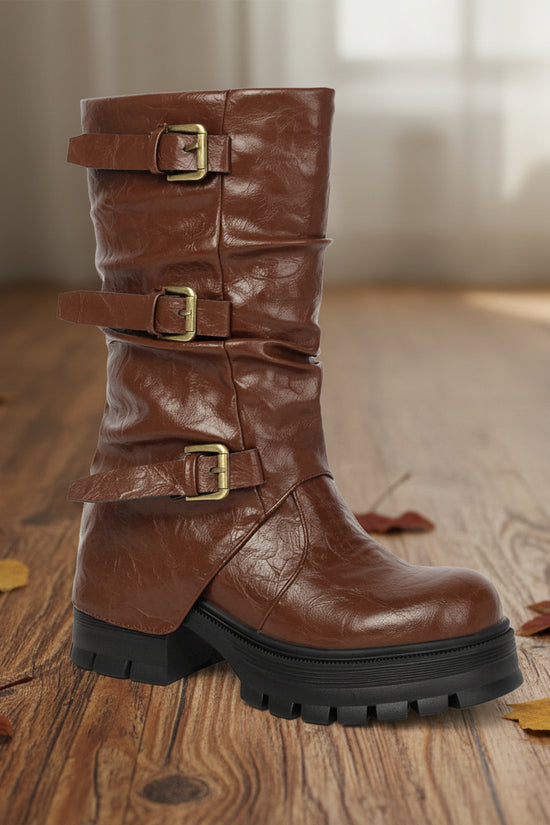 Thick Heel High Heel Women's Short Boots with Belt Buckle Slip-On Tube Boots 