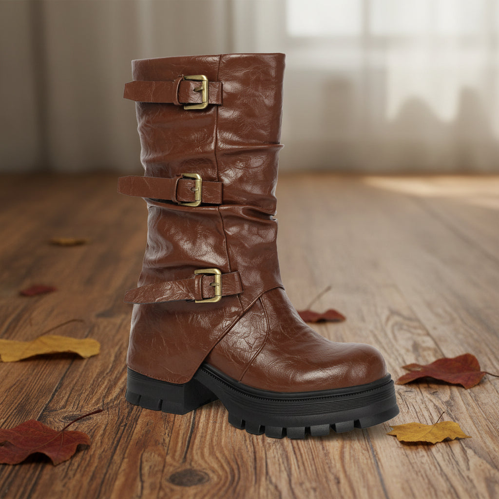 Thick Heel High Heel Women's Short Boots with Belt Buckle Slip-On Tube Boots 