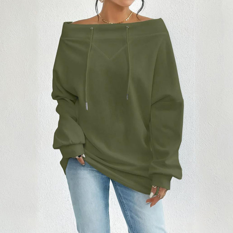 Plus Size Women's Solid Color Off-Shoulder Long Sleeve Pullover With Drawstring - Casual Ribbed Detail Top For Spring&Fall CJ US