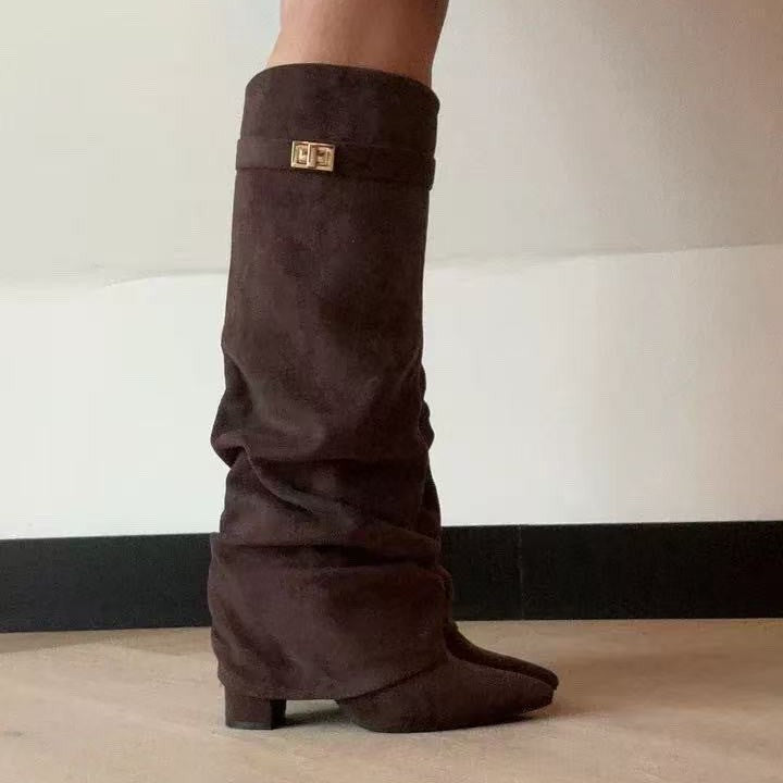 Pointed Toe Straight Tube Pleated Metal Buckle Mid-Calf Boots for Women, Chunky Heel Pipe Boots, Wide Size Available 