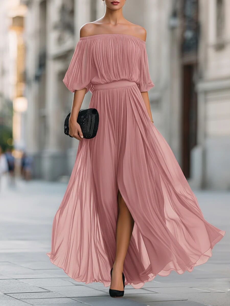New Black Chiffon Maxi Dress with Split, One-Shoulder Design, Flowing and Draping Skirt 