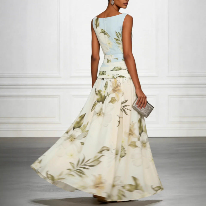 V-neck floral print women's dress sleeveless backless waist cinching long skirt 