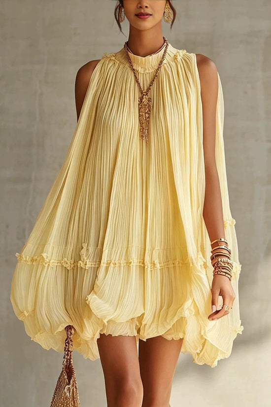 Sleeveless Pleated Mini Dress for Women, Loose A-Line Skirt with Ruffled Hem, Gathered Pleats, Casual Vacation Style, Flared Silhouette, Sweet Baby Doll Dress 