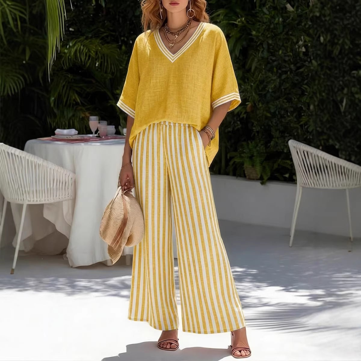 Tunic-style Striped Casual Trousers Womens Outfit 