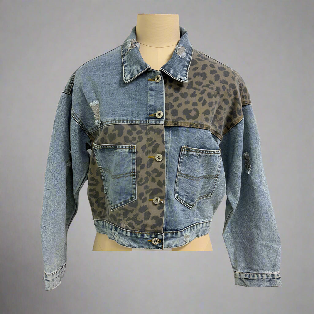 Women's Cropped Distressed Denim Jacket Ripped Button Down Jean Jacket Long Sleeve Casual Streetwear Coat CJ US