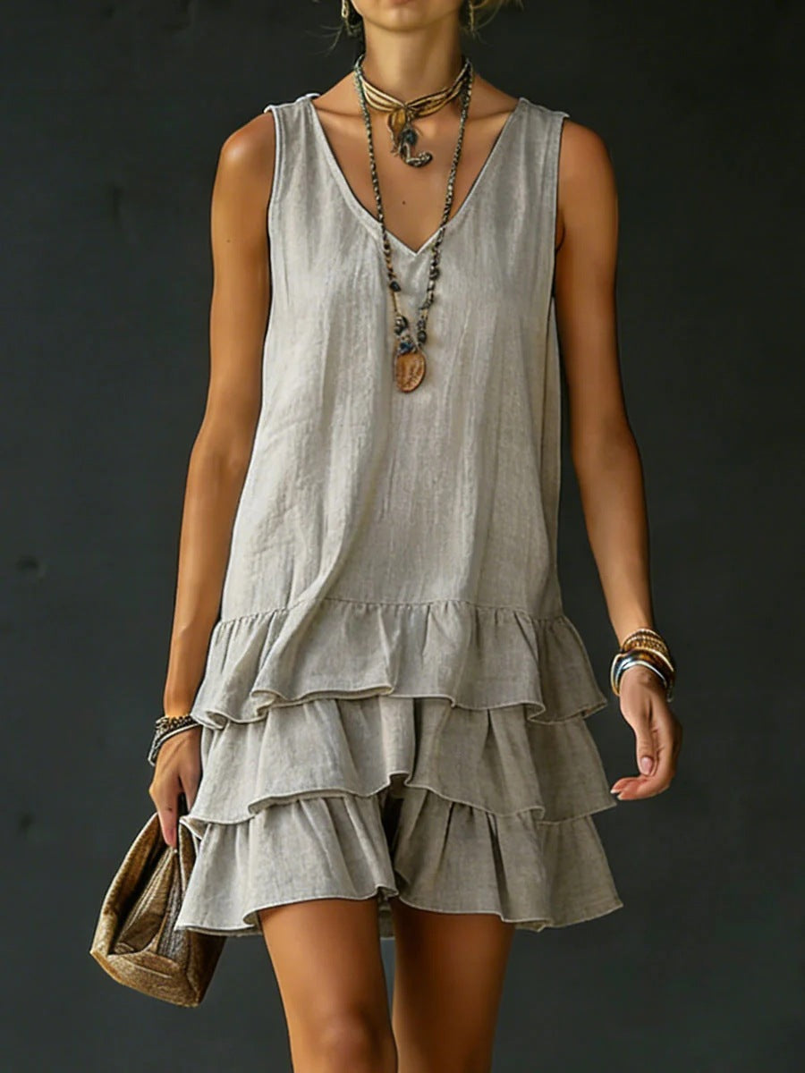 V-neck Cotton-linen Womens Fashionable Sleeveless Dress 