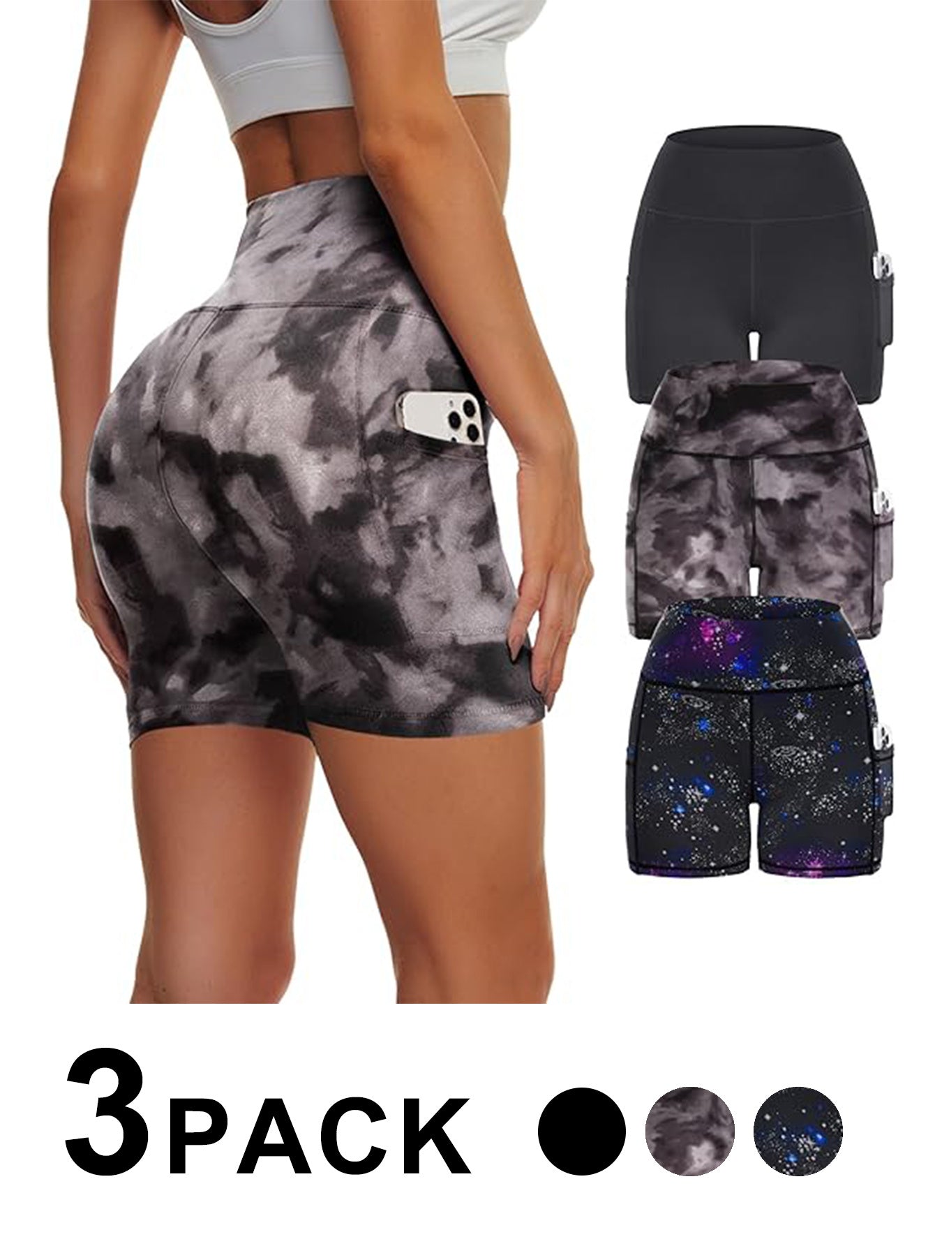 High Waisted Yoga Leggings 3 Pack – Tie-Dye Starry Sky Workout Pants CJ