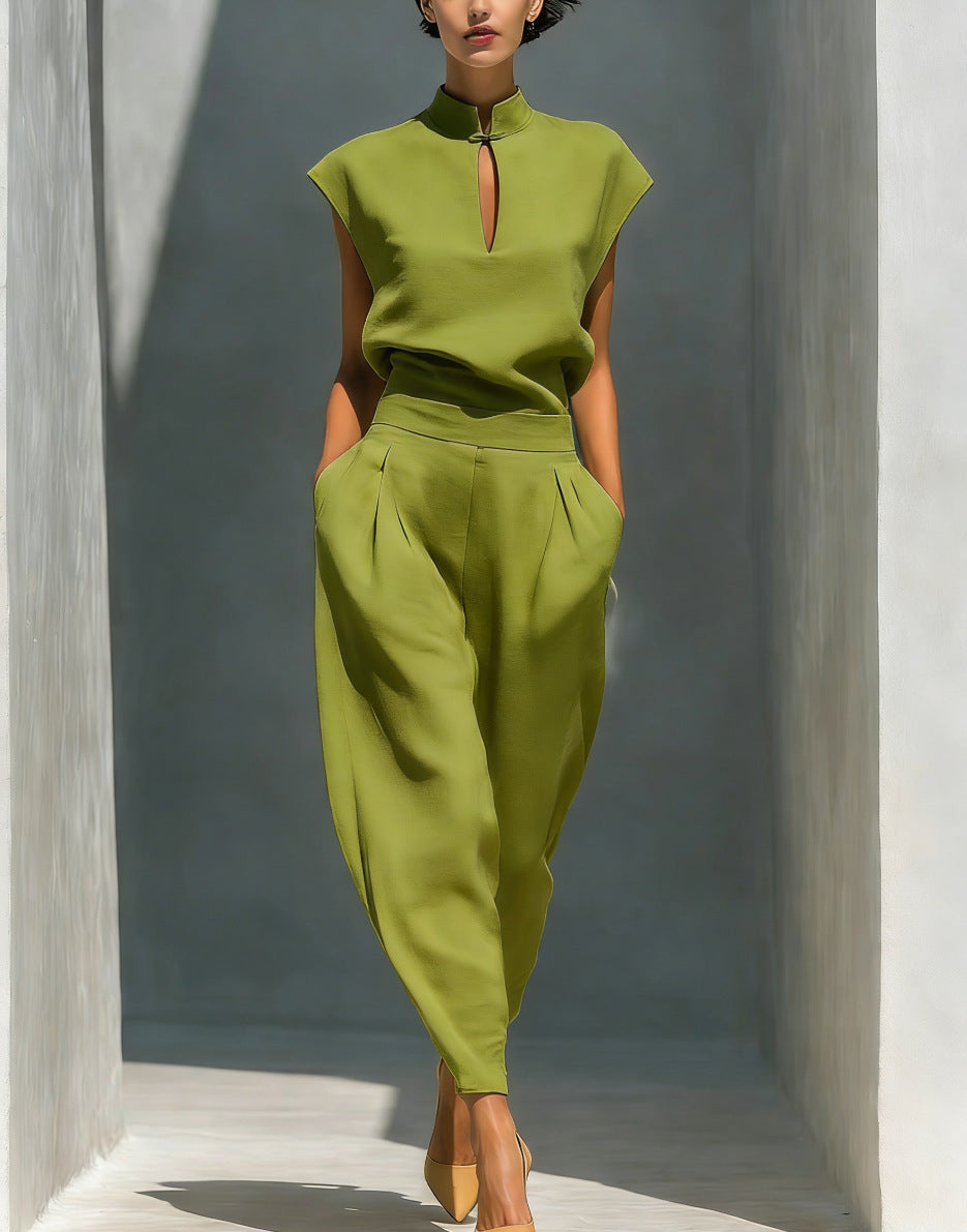 Chinese-style Satin Short-sleeve T-shirt And Pants Set For Women 