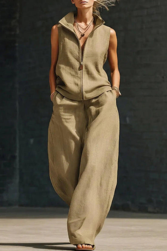 Sleeveless Stand Collar Zippered Linen Cotton Two-Piece Set 