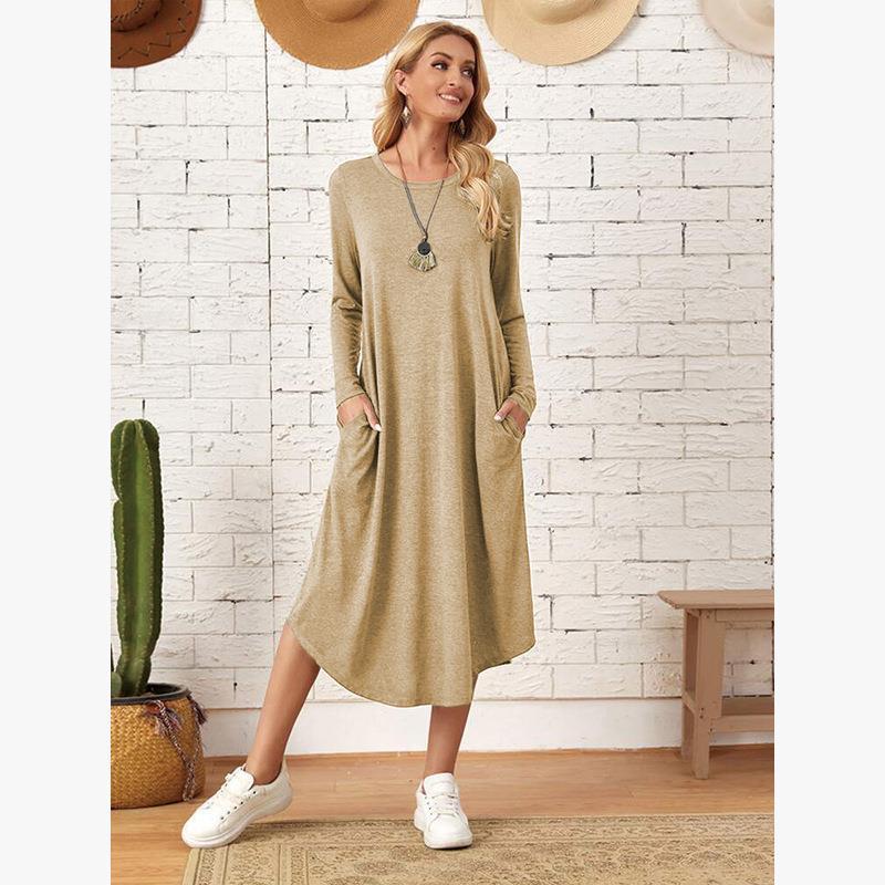 Womens Solid-Color Casual Long-Sleeve Dress 