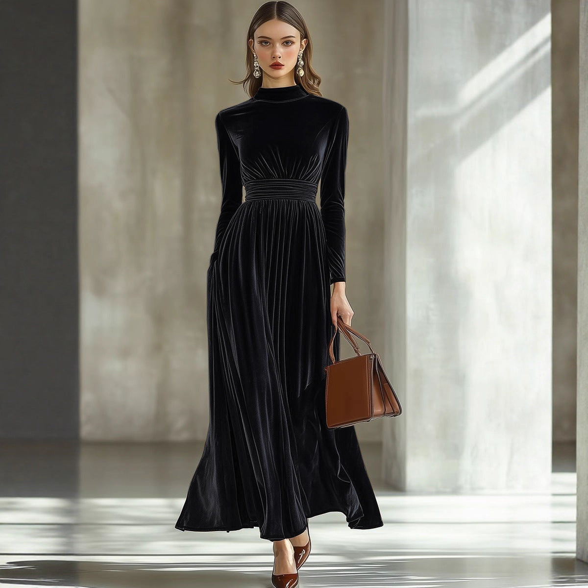 Women's New Autumn/Winter Velvet Long Sleeve Dress, Waist-Cinching Slimming Elegant Maxi Skirt, Graceful Style 