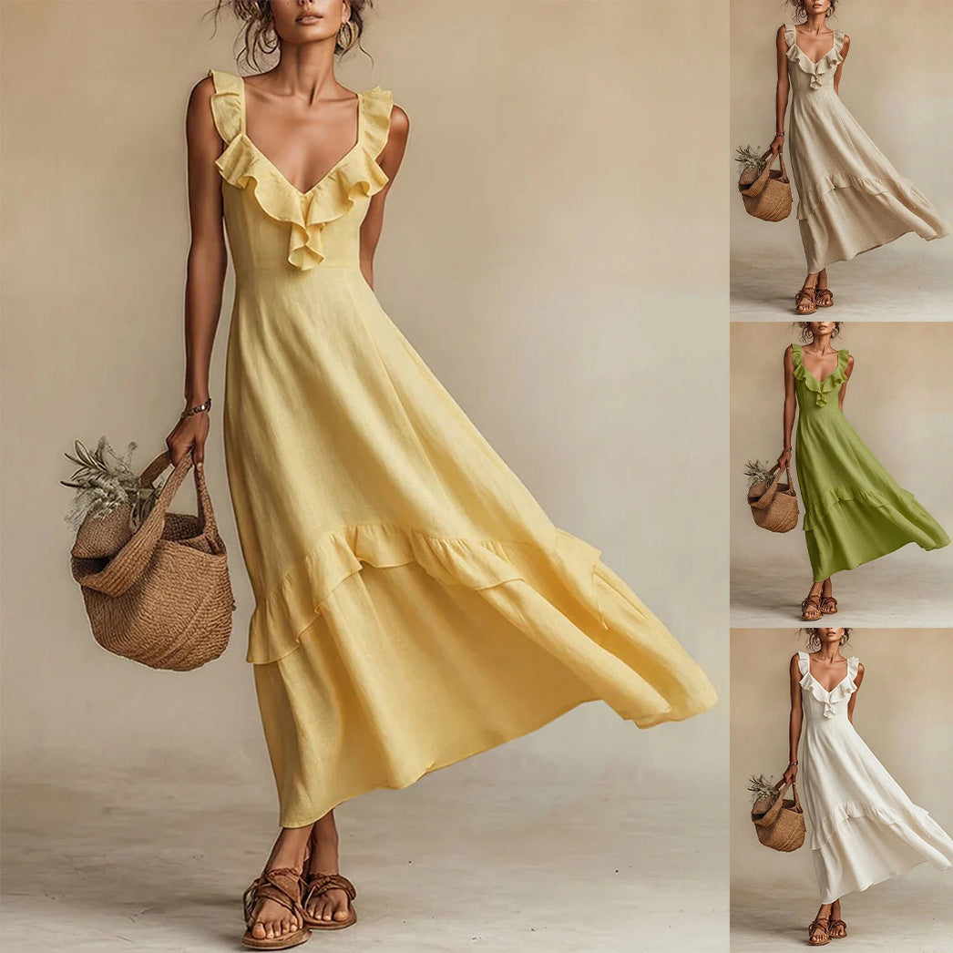 Elegant And Chic Cotton-Linen Dress With Ruffled Flutter Sleeves And A Flowing Hem 