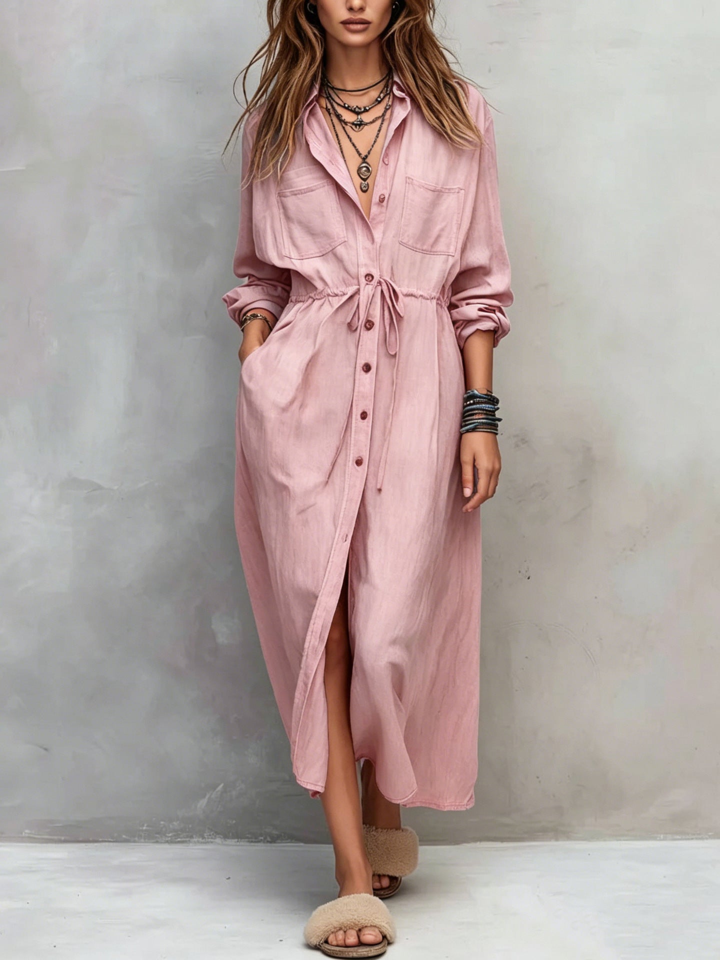 Spring and Autumn Casual Drawstring Waist Shirt Dress Loose Style for Women 