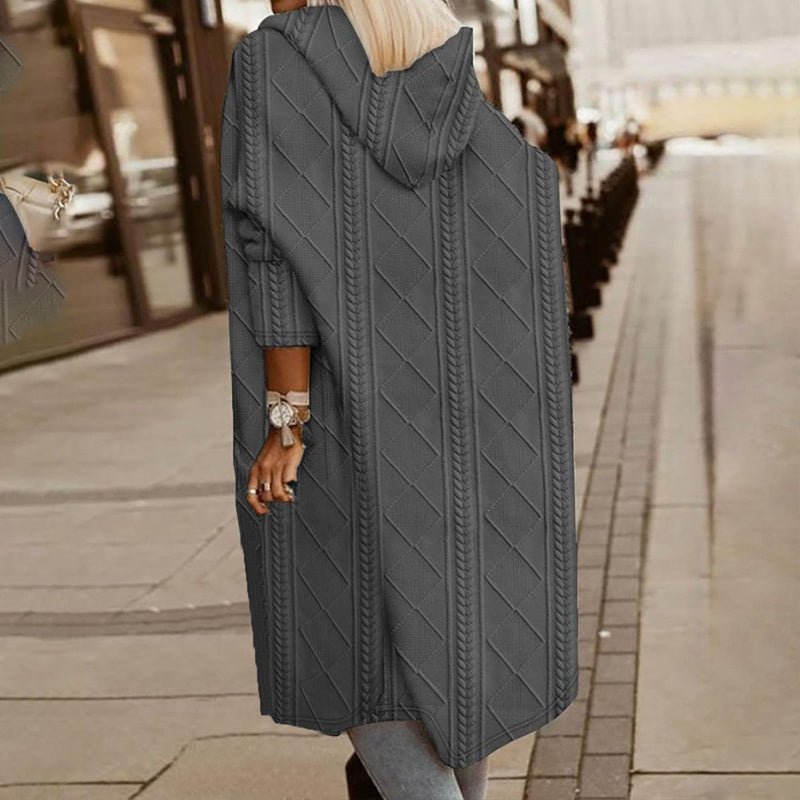 Women's Textured Hooded Longline Jacket, Solid Color Casual Oversized Top With Pockets For Fall & Winter CJ US