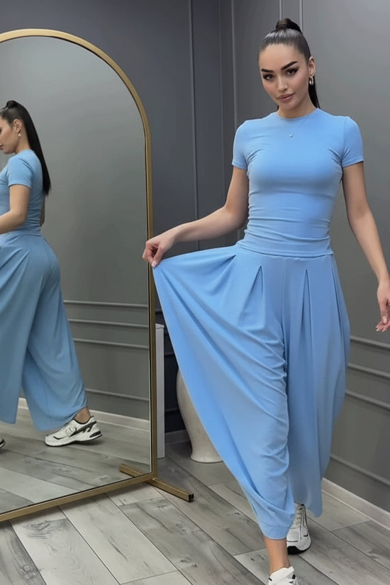 Style summer short sleeve T-shirt wide-leg pants casual elegant women's set 
