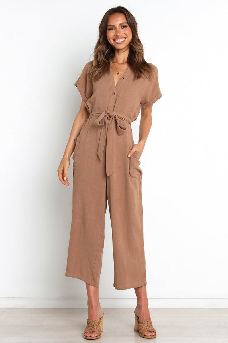 V-neck Cropped Wide-leg Jumpsuit For Women 