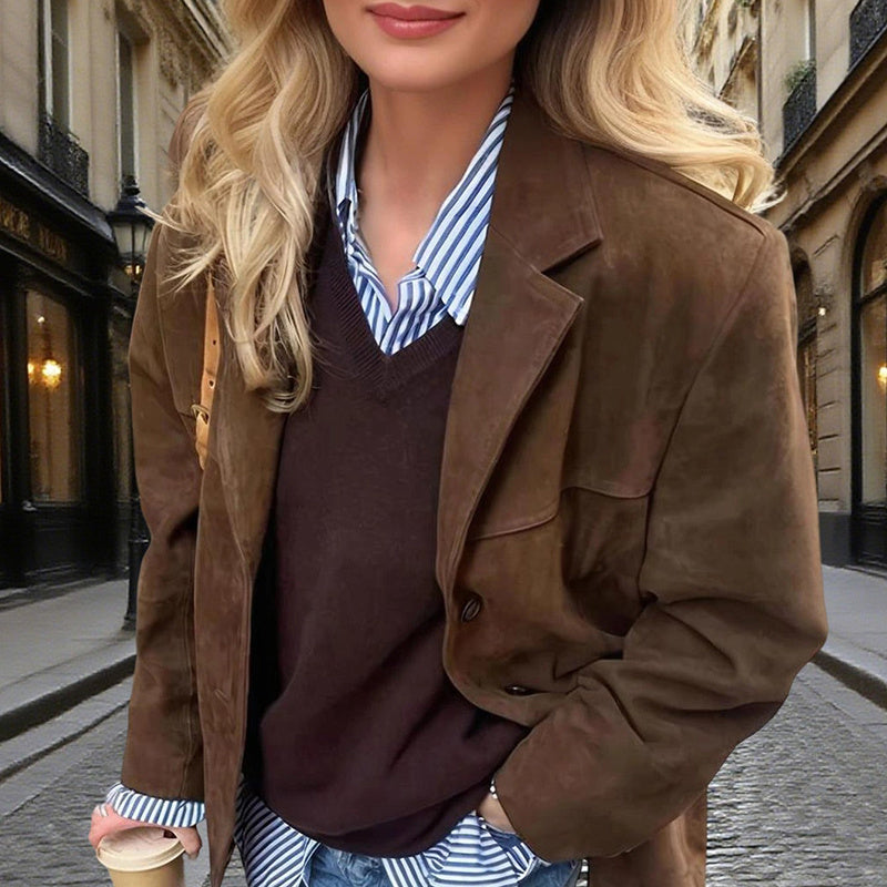 Suede-Look Blazer Jacket — V-Notch Lapel, Button-Front Casual Coat CJ US