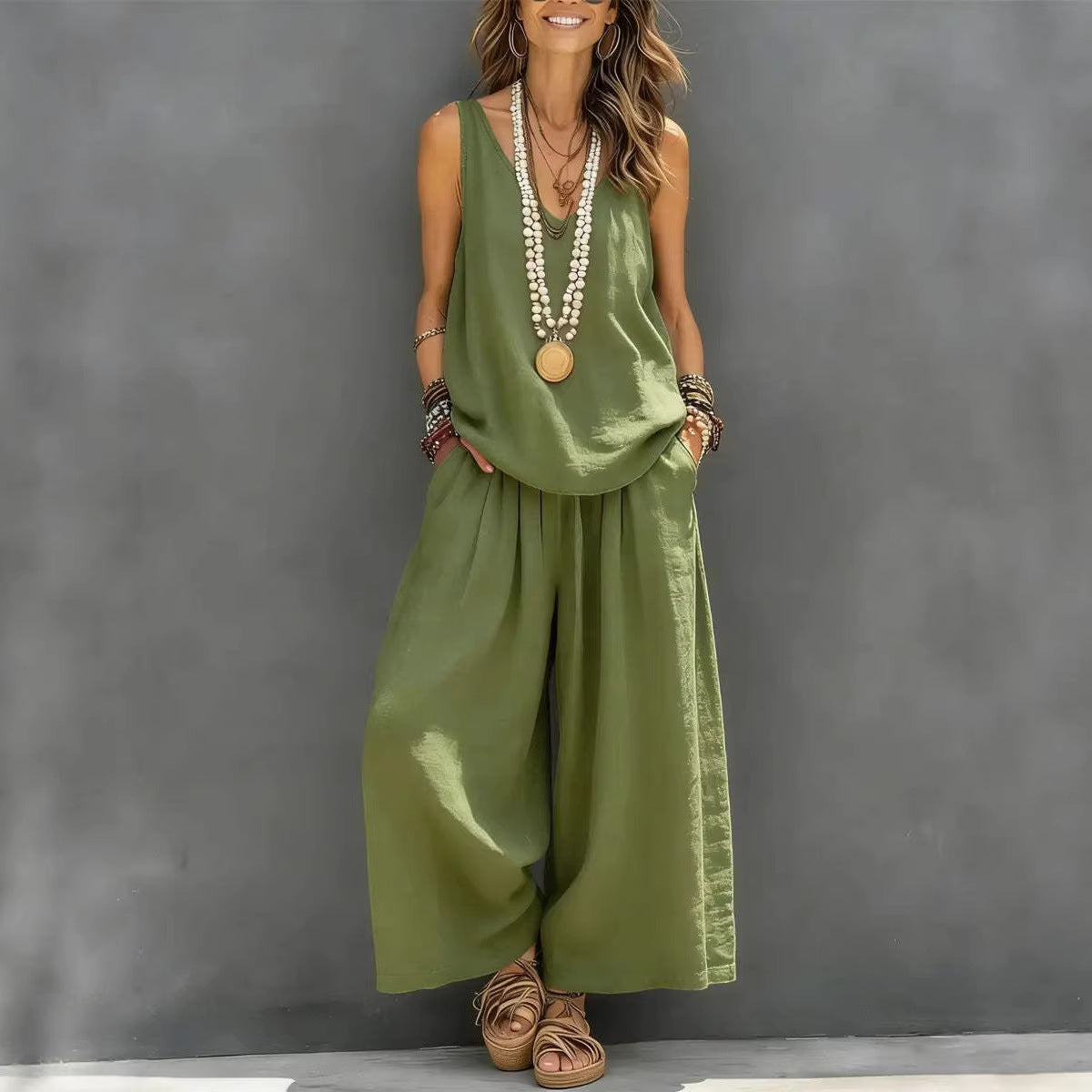 Womens Solid-Colored Casual Sleeveless Tank Top And Wide-Leg Pants Cotton-Linen Set 