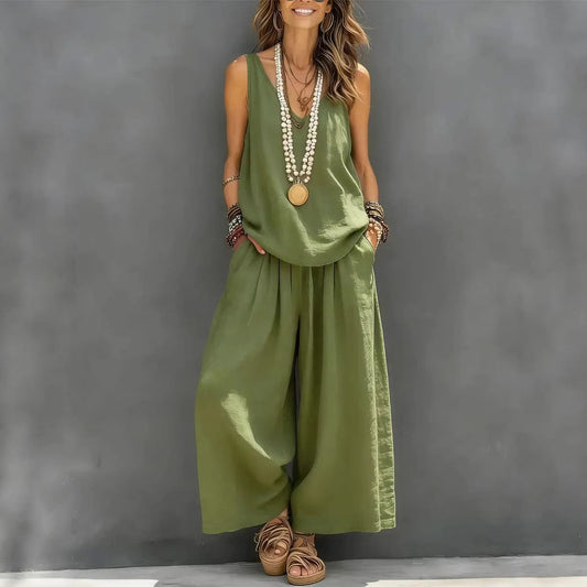 Womens Solid-Colored Casual Sleeveless Tank Top And Wide-Leg Pants Cotton-Linen Set 