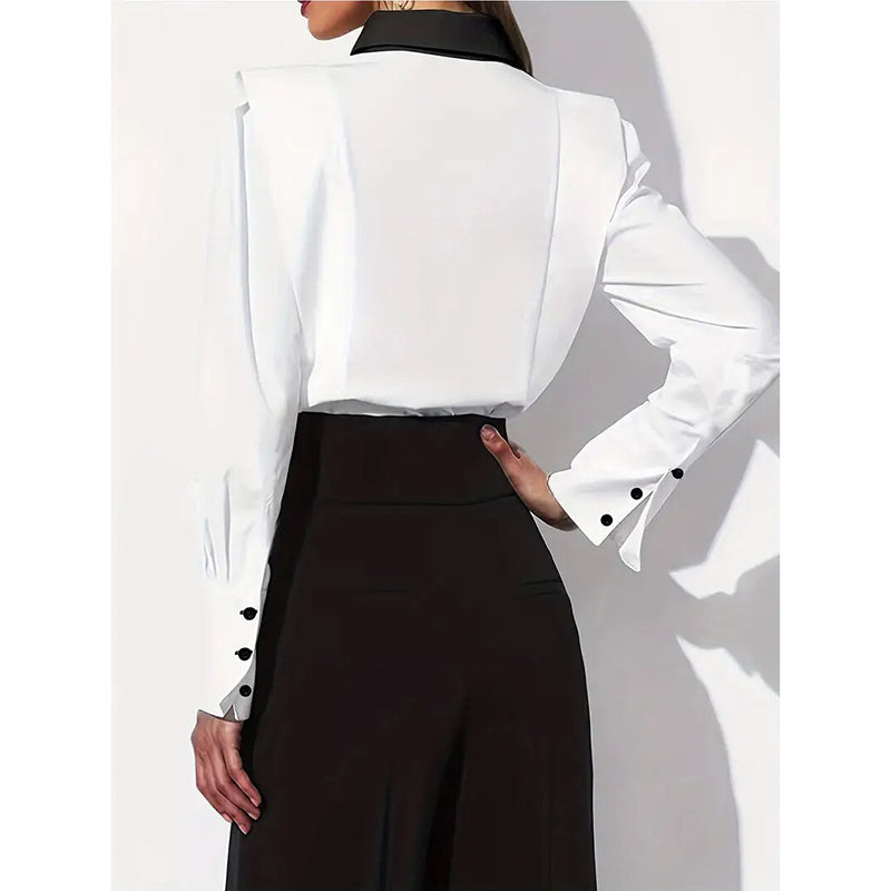 Women's Black & White Colorblock Button Down Shirt, Elegant Long Sleeve Collared Blouse, Office Work Tops CJ US