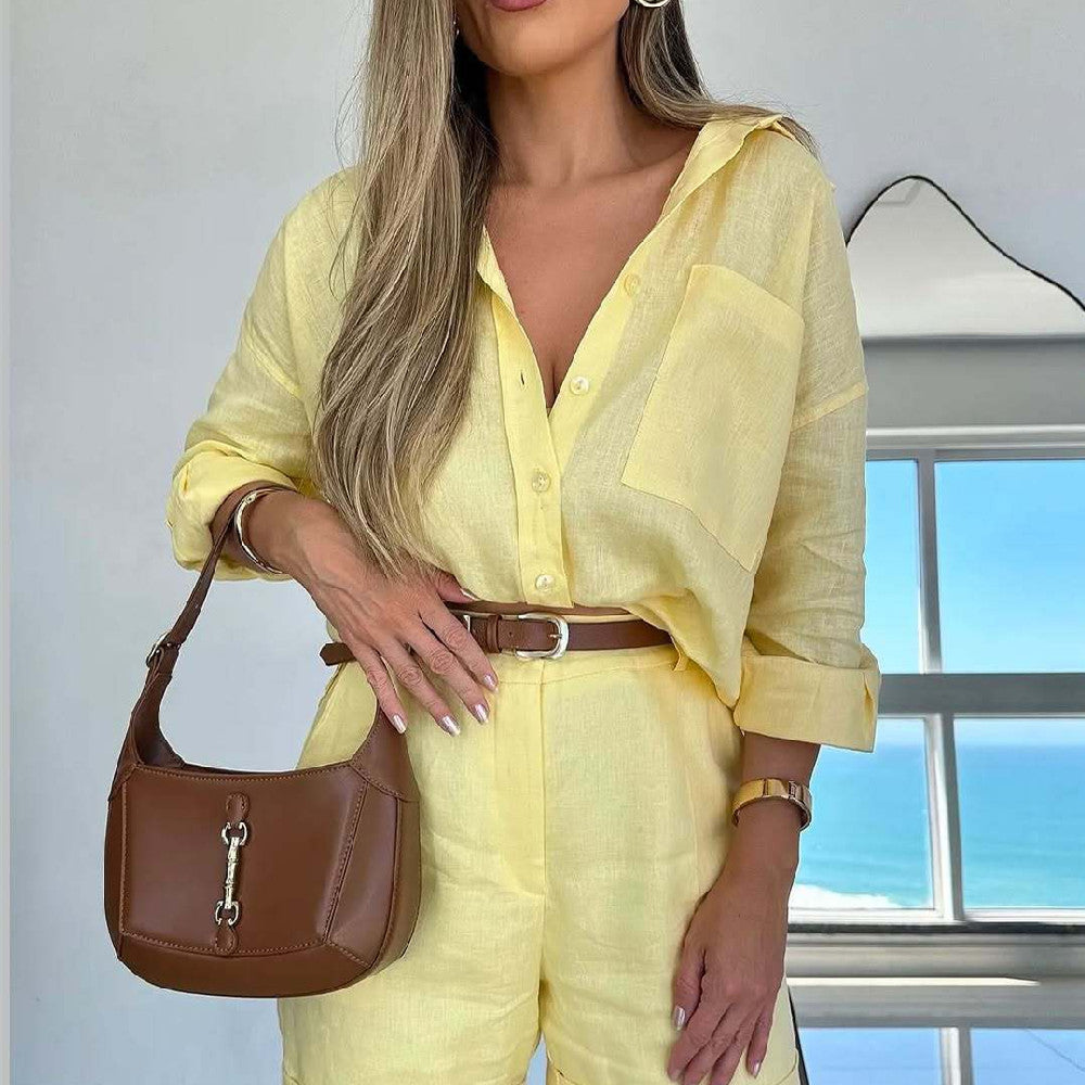Casual Long-Sleeve Shirt And Shorts Womens Set 