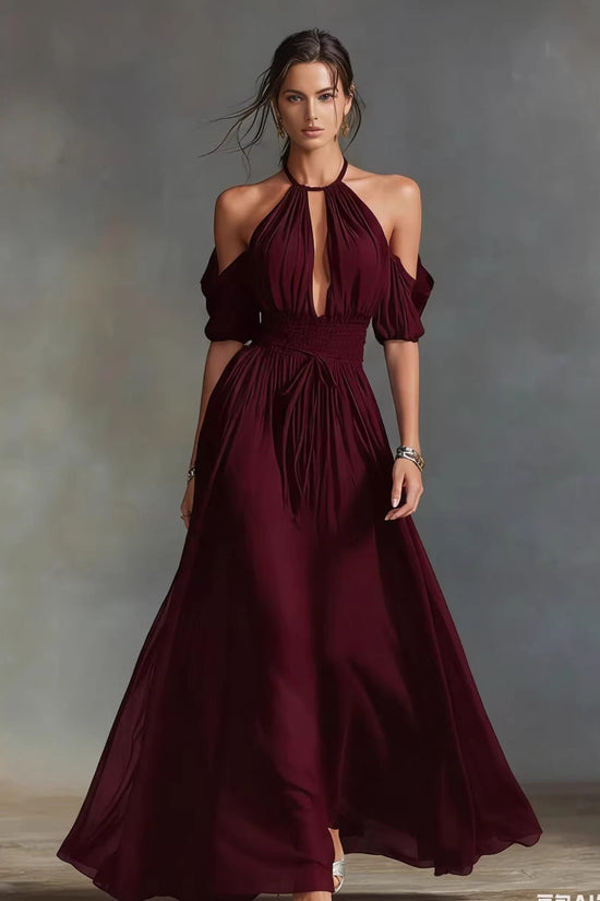 Womens Solid-Colored Halter Maxi Dress 