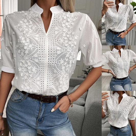 Women's Fashion V-neck Stand Collar Embroidery Lace Blouse Shirt FitiqueFit