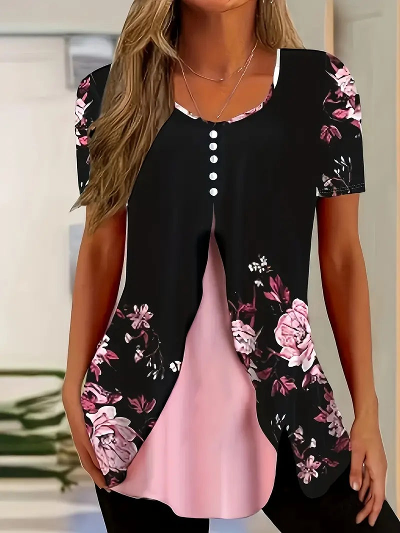 Summer New Short-sleeved Printed Fake Two-piece T-shirt V-neck Fashion Spike Top CJ