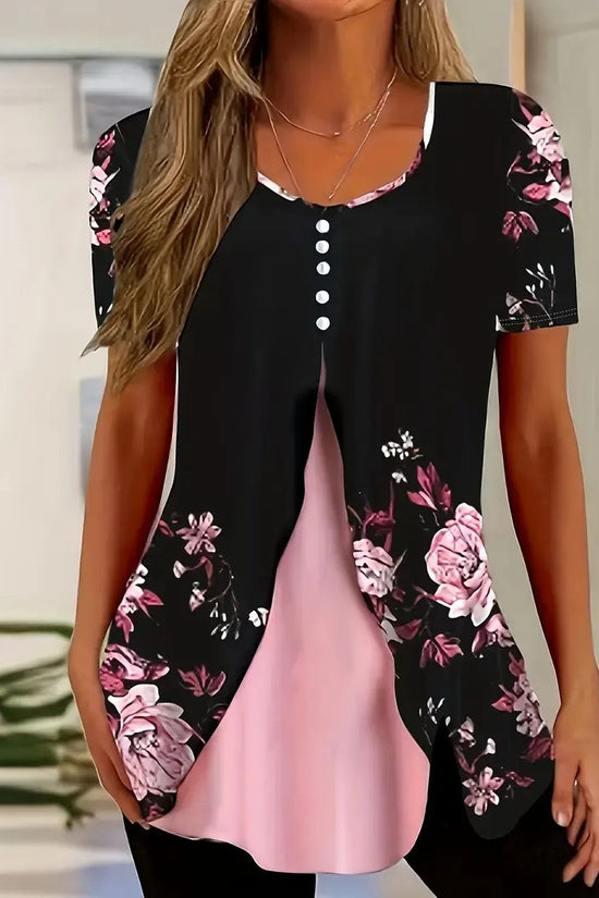 Summer New Short-sleeved Printed Fake Two-piece T-shirt V-neck Fashion Spike Top CJ