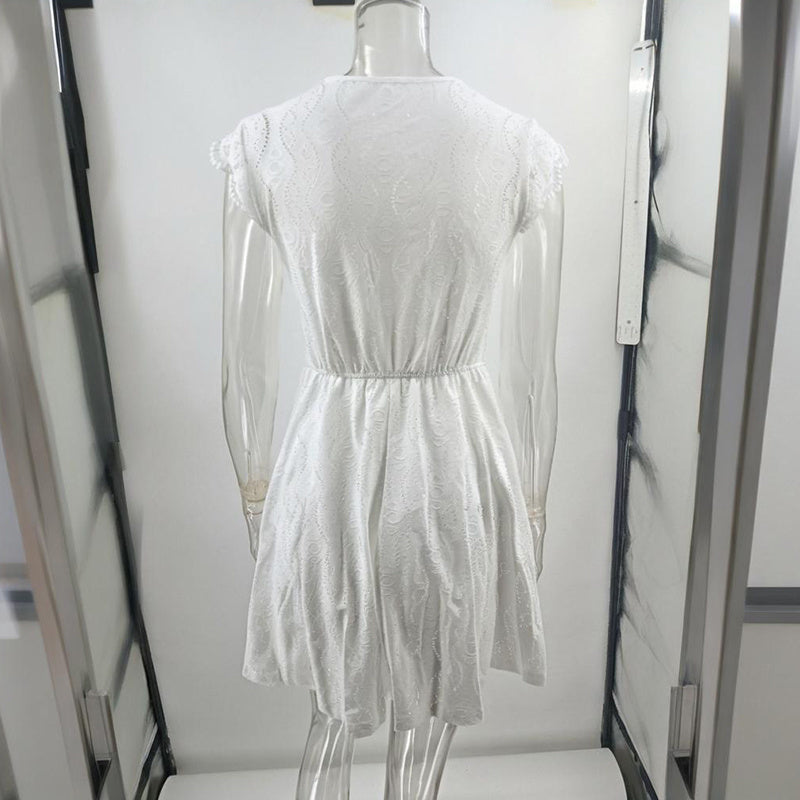Women's V-Neck Solid Color Short Sleeve Dress With Lace Trim - Summer Sexy Vacation Dress CJ US