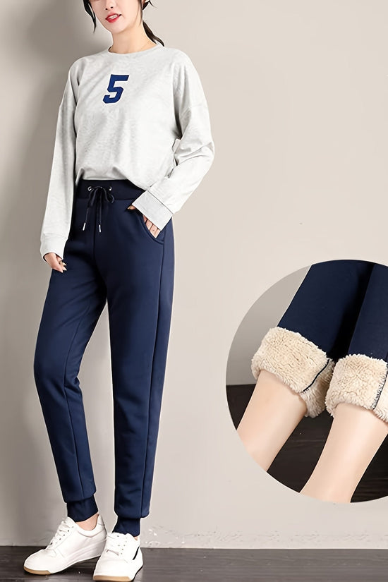 Women's Fleece Sweatpants Jogger Fleece Pants With Drawstring Waist, Boyfriend Style, Long, Solid Color, Slightly Stretchy Fabric 