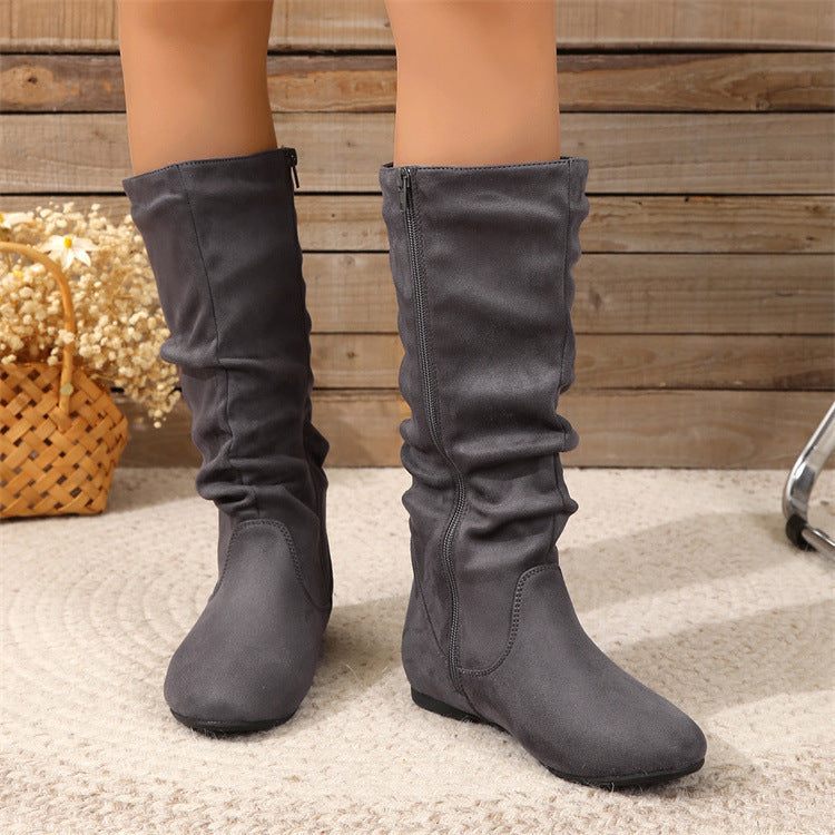 Casual Versatile Durable Comfortable Mid-Calf Boots Lightweight Pleated Side Zip Women's Leather Boots Flat Summer Boots 