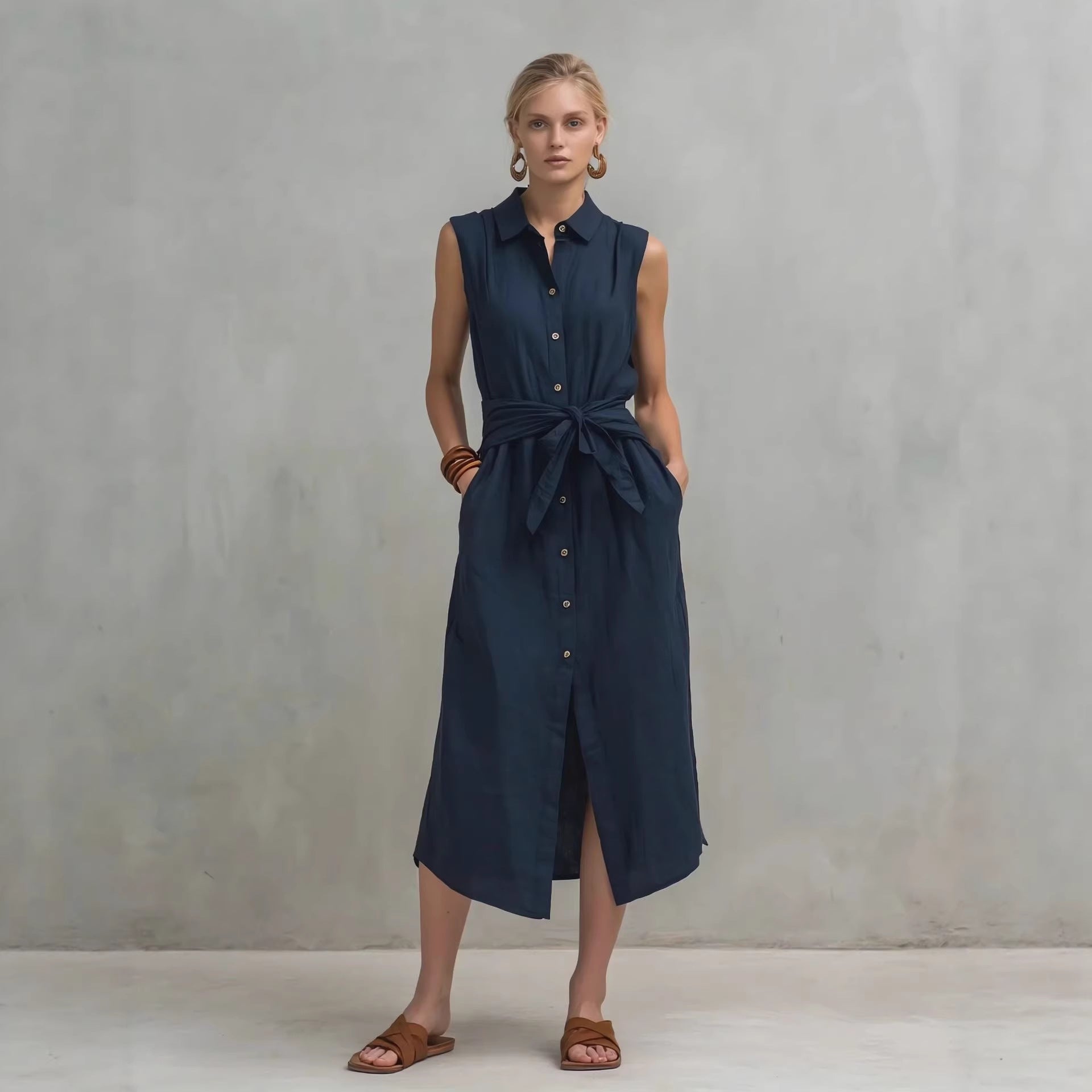 Casual Cotton-Linen Bag-Style Solid-Colored Sleeveless Dress 