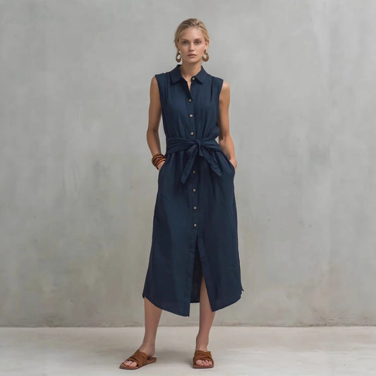 Casual Cotton-Linen Bag-Style Solid-Colored Sleeveless Dress 